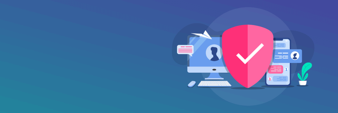 Ilustración de un escudo protegiendo los datos personales sobre un ordenador y un teléfono móvil